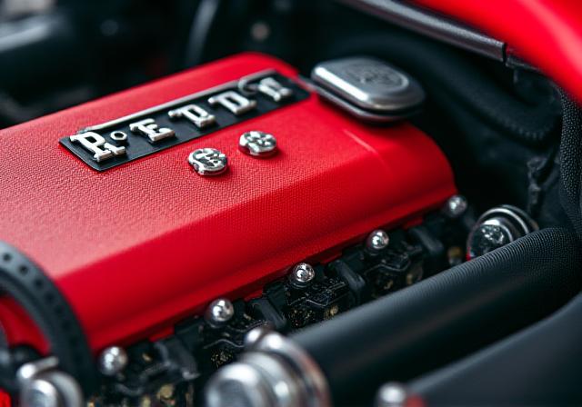 Detailed view of a Ferrari engine bay with custom carbon fibre intake system