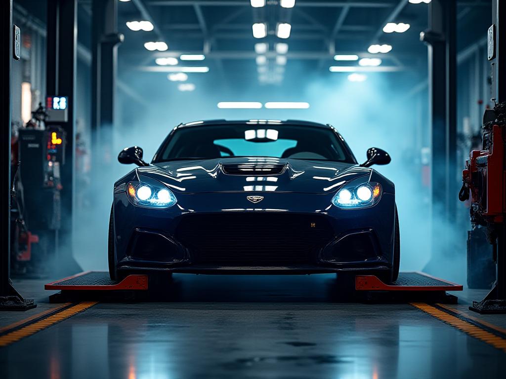 High performance vehicle secured on a dyno rolling road in a dark workshop garage